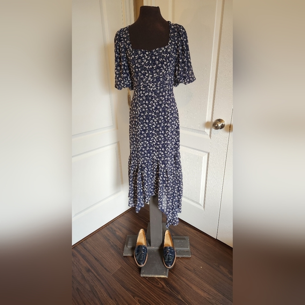 Floral Square-Neck Navy Midi Dress